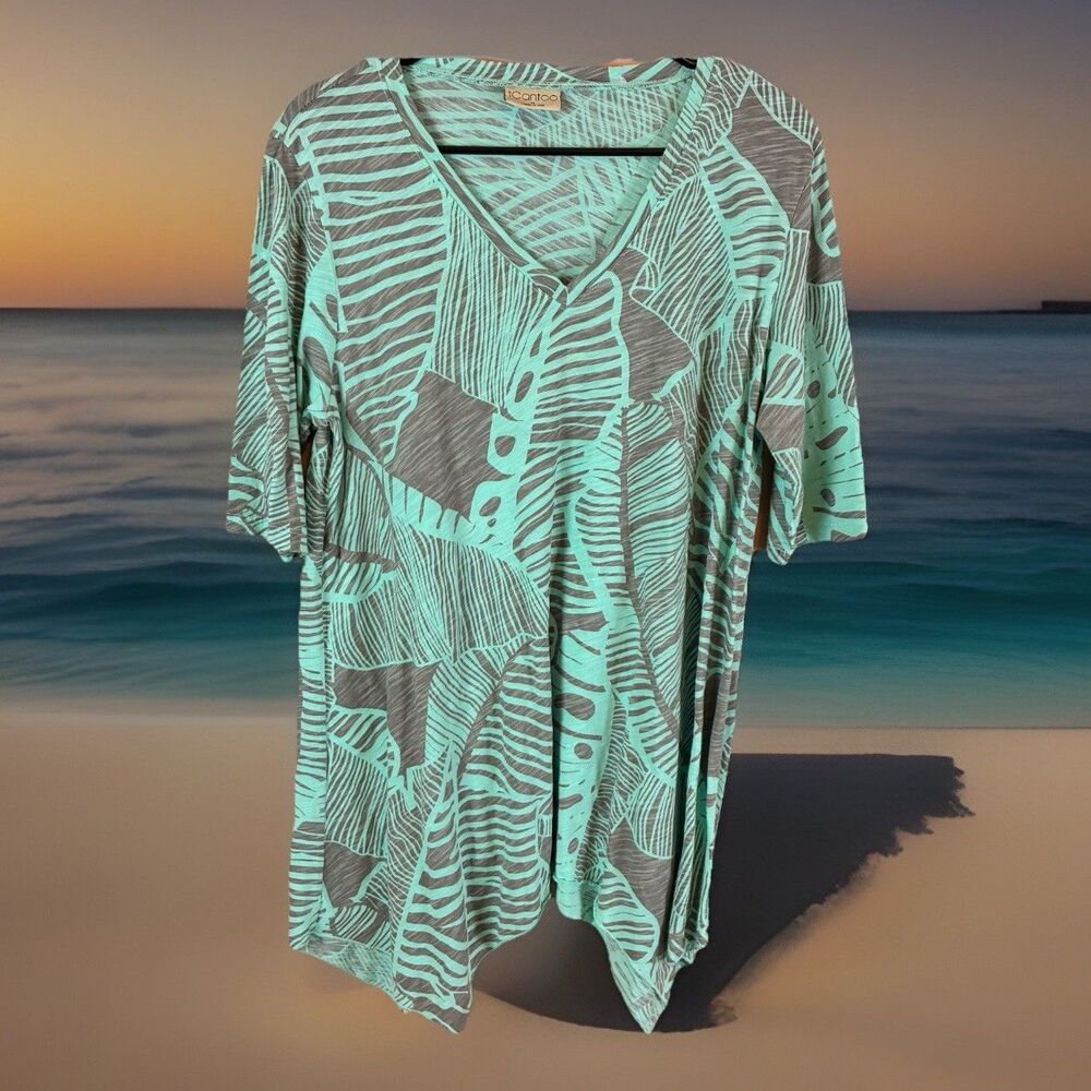 iCantoo Women’s Teal/Gray Leaf Print Beach Cotton Tunic Top Size Medium